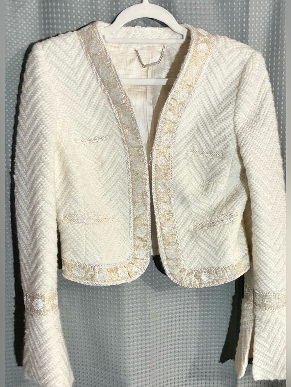 Walter Cream Tweed Jacket Metallic Trim Silk Lined Wool Flair Slit Cuffs Vintage